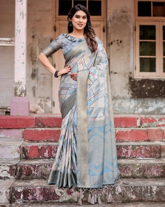 Elegant Pastel Blue Banarasi Silk Saree with Intricate Geometric Design and Zari Work Tassel Pallu-Regular