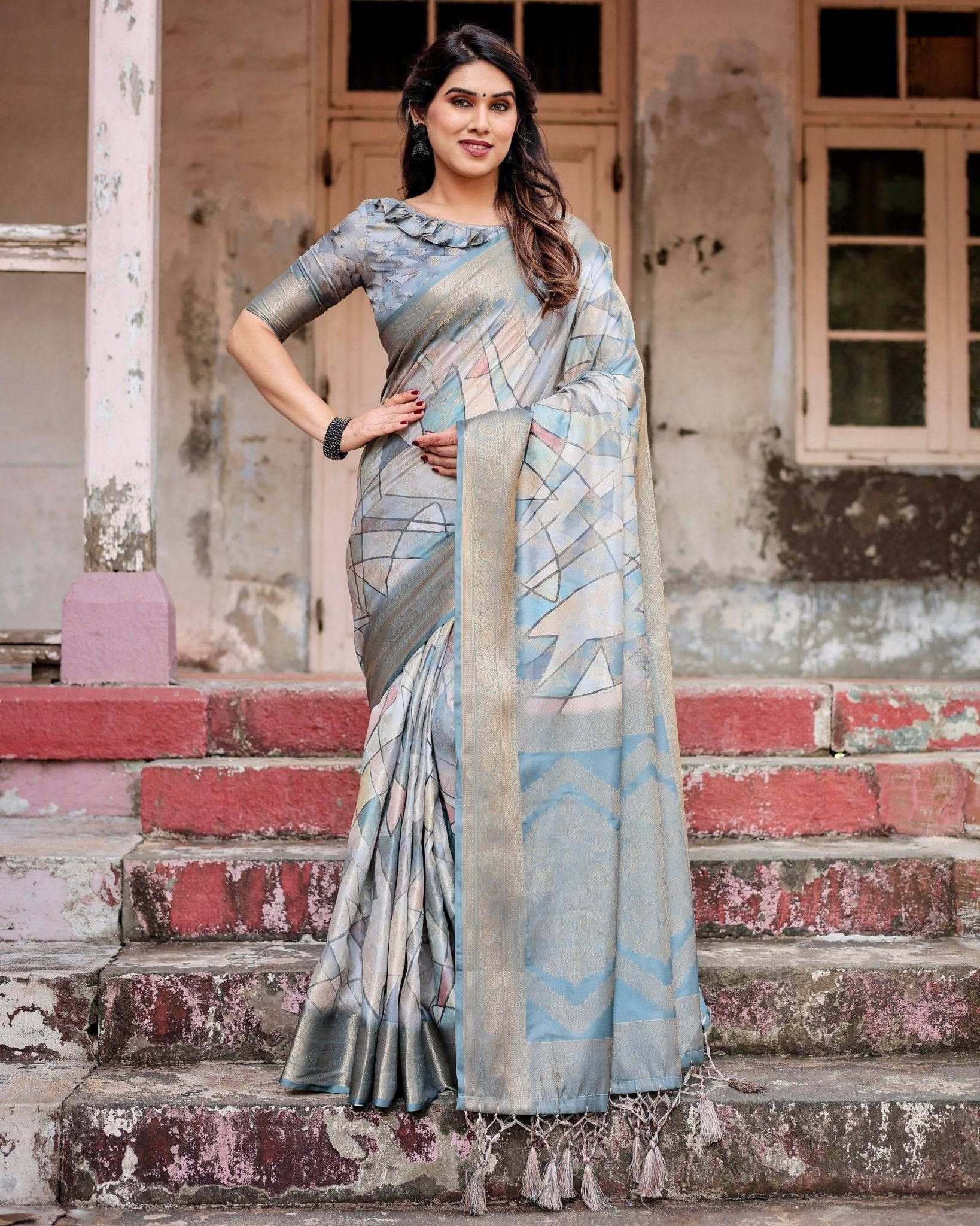 Elegant Pastel Blue Banarasi Silk Saree with Intricate Geometric Design and Zari Work Tassel Pallu-Regular