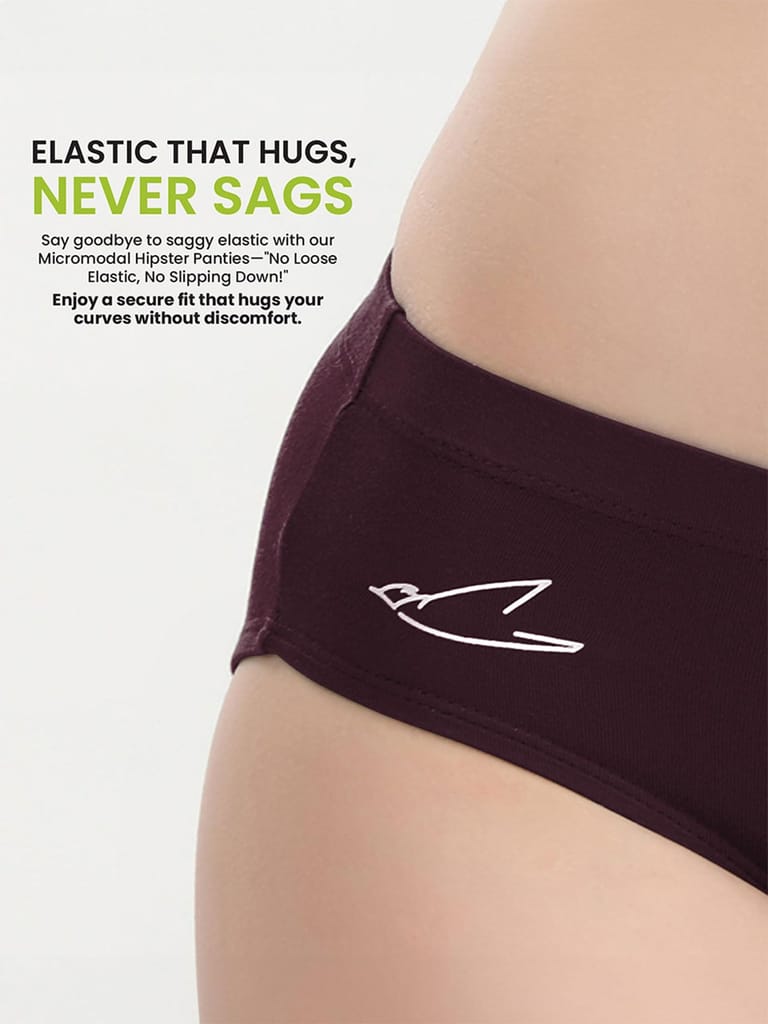 Freecultr Women’s Micromodal Mid-Rise Hipster | Super Soft & Breathable Fabric | Medium Rear Coverage | Comfortable Stretch Elastic | Pack of 3 |Color - Port Wine,Sable Black,Clay