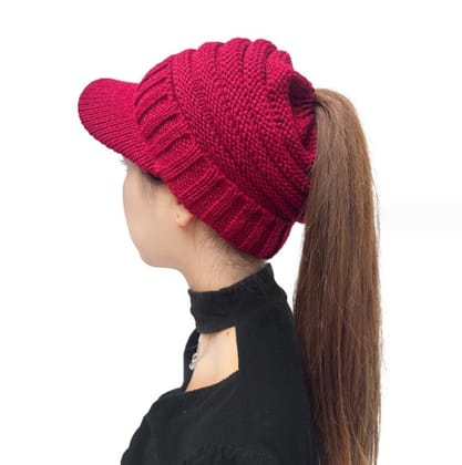 Acrylic Knitted Beanie Hat For Women Outdoor Winter Sport  Ponytail Beanies-Magenta
