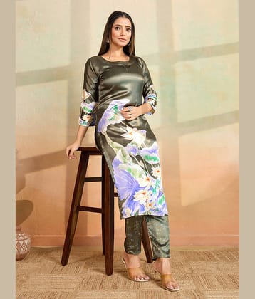 Women Basket Women Rayon Printed Straight Kurti With Pants ( Olive )