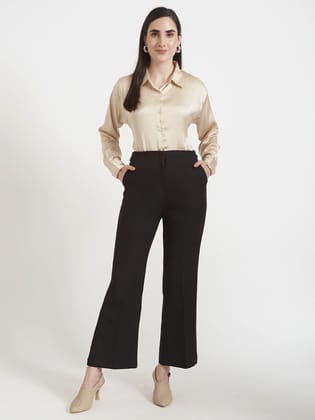 Women'S Premium Buff Drop Shoulder Oversized  Satin Shirt With Black Flared Fit Trouser-M / 28
