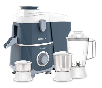 Havells Vitonica 500W Juicer Mixer Grinder with 3 Stainless Steel Jar, Large Size Pulp Container,Foldable Juicing Spout, 2 Yr Product Warranty & 5 Yr Motor warranty (White & Blue)