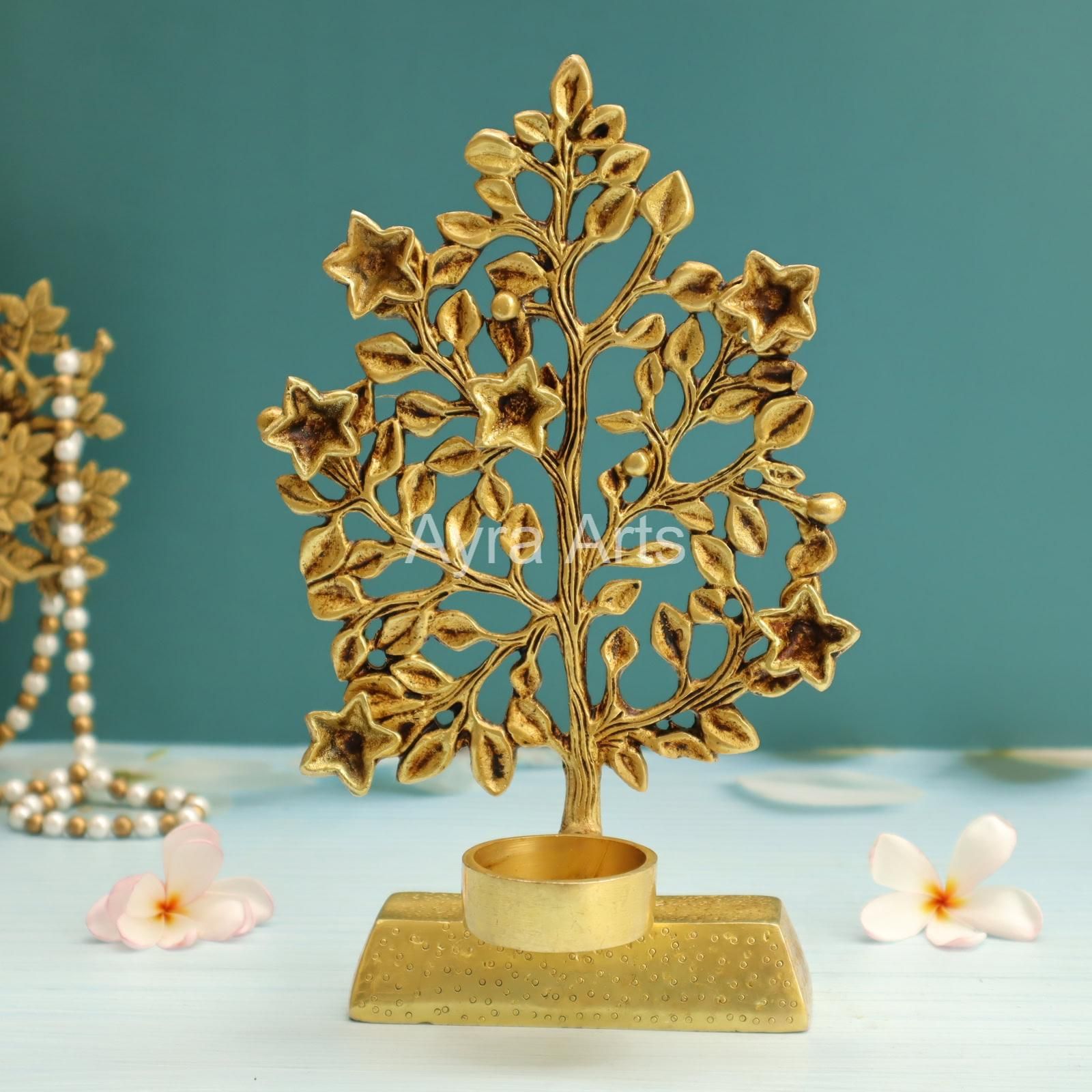 Brass Kalpvriksha Tree With Diya And Candle Holder for Home Decor - 9.6 Inch height