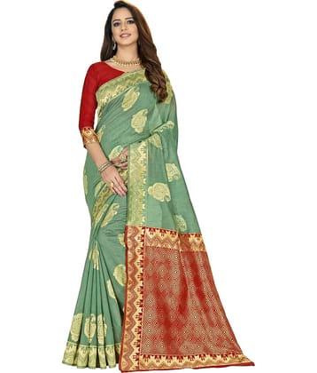 Sariya Silk Blend Woven Saree With Unstitched Blouse Piece ( Green )