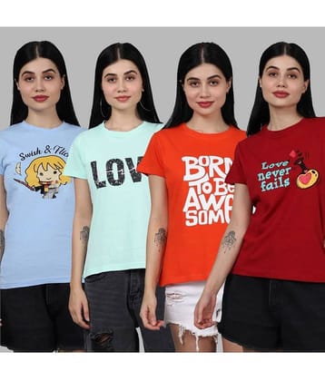 Fabflee Women Cotton Printed Regular Fit Round Neck T-Shirt ( Multicolor )