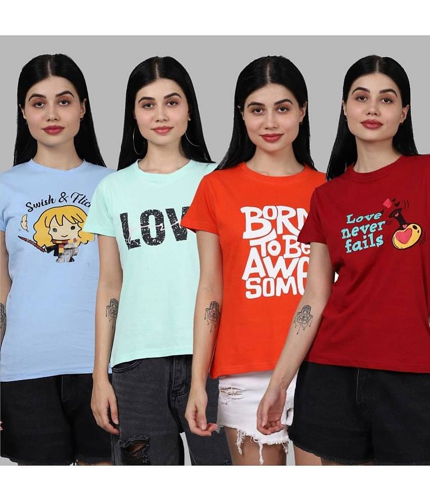 Fabflee Women Cotton Printed Regular Fit Round Neck T-Shirt ( Multicolor )