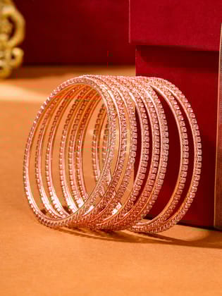 NVR Women Set of 8 American Diamond Rose Gold Plated Bangles-XS / Rose Gold / Alloy