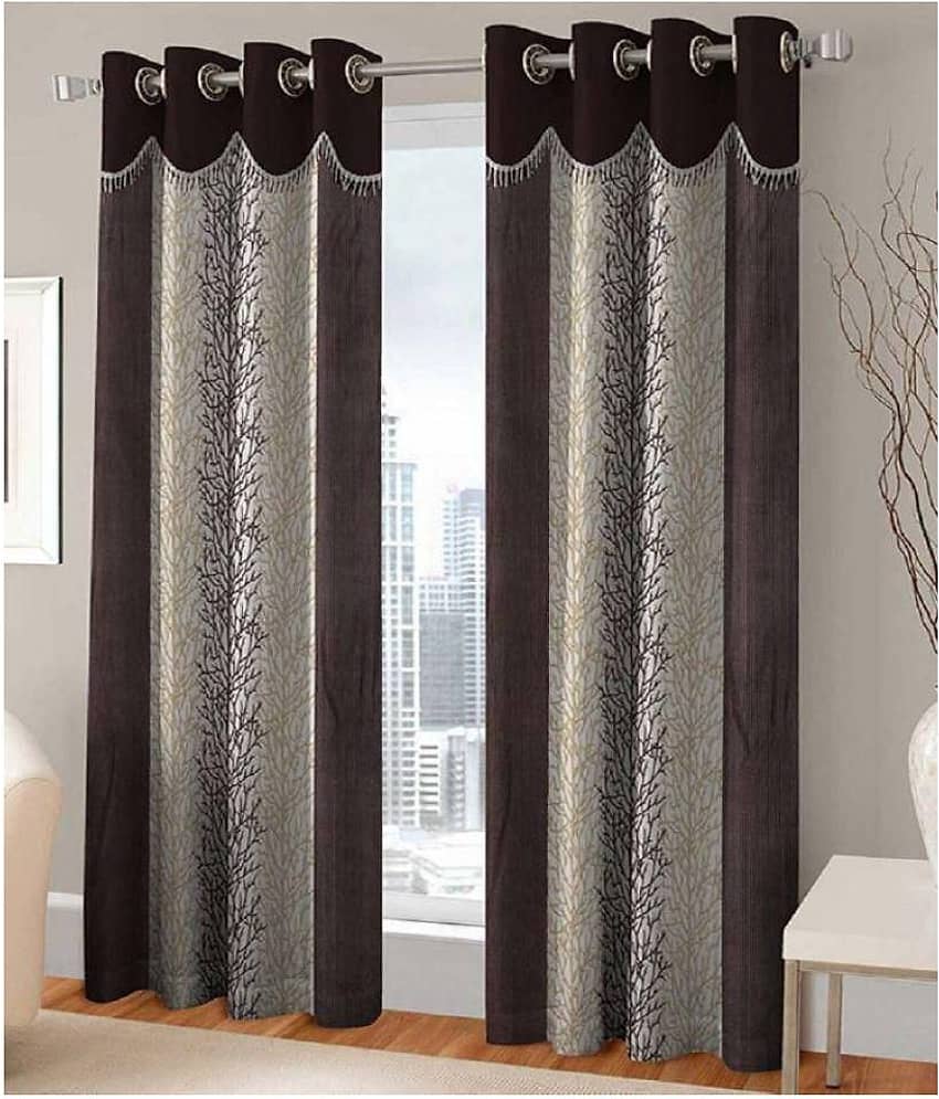 Phyto Home Floral Semi-Transparent Eyelet Long Door Curtain 9 ft Pack of 4 -Brown