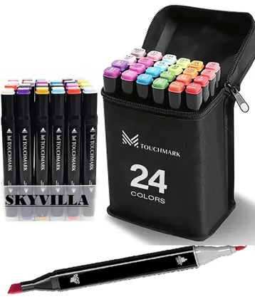 SKYVILLA Dual Tip Colorful Art Markers Sketch Pens 24 Colors With Carrying Case For Painting Sketching Calligraphy Drawing -Twin Head Permanent Colouring Marker Pens For Kids Adult, Multicolor (24)