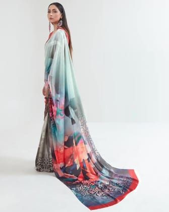 Sky Blue Satin Digital Print Saree