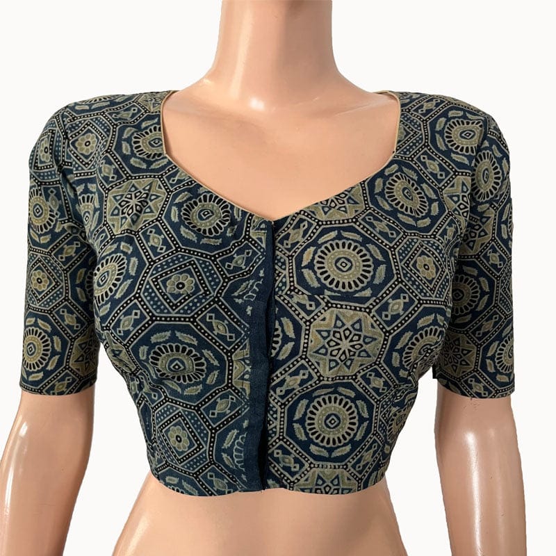 Ajrakh Cotton  Sweetheart neck Blouse,   Indigo blue,  BA1151-S