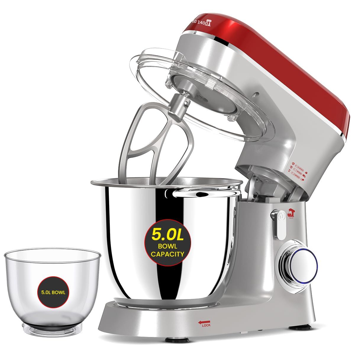 INALSA Stand Mixer With Dust Proof Splash Guard|1400W Copper Motor|5L Stainless Steel&Free 5L Bowl|10-Speed Control With Pulse|Full Metal Gear|Overheat Protection|Safety Lock|2Yr Warranty,Esperto 1400 INALSA Stand Mixer With Dust Proof Splash Guard|1400W