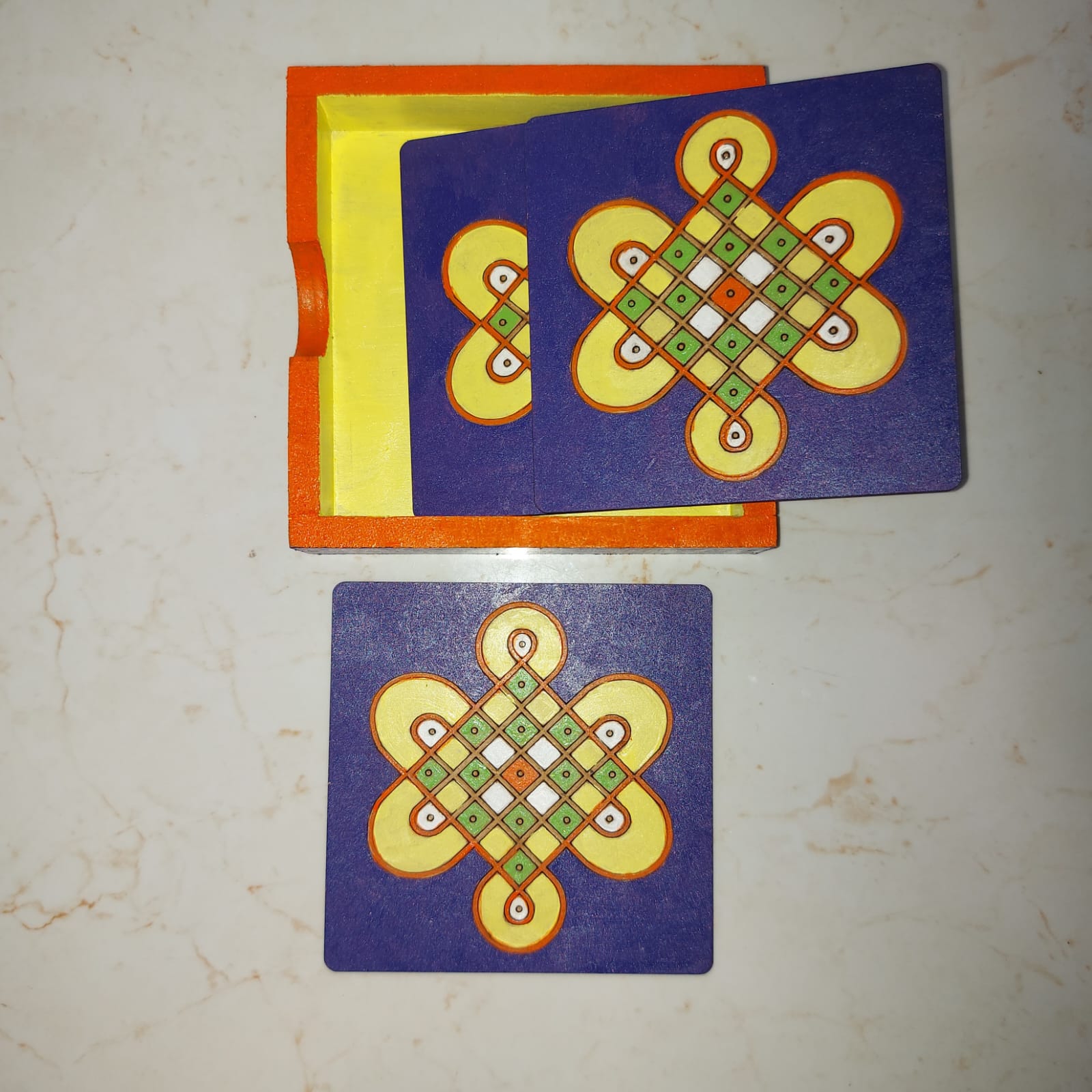Kalakrishta Handpainted Violet Kollam Coaster Set of 6 with Holder