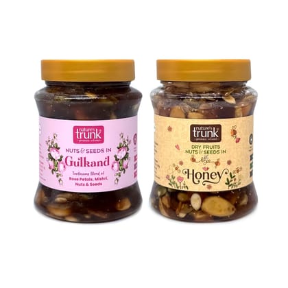 Nature's Trunk Nuts & Seeds in Gulkand + Dry Fruits, Nuts & Seeds Soaked in Honey - Combo Pack 350g*2 Packs