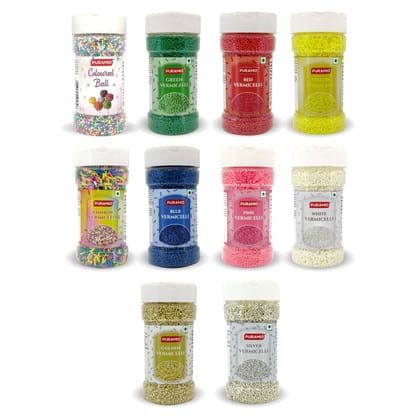 Puramio Combo Vermicelli for Cake Decoration - (Golden & Silver, 50 gm Each Pack of 2) (Coloured Balls, White, Yellow, Rainbow, Pink, Red, Green & Blue,125 gm Each Pack of 8) Puramio Combo Vermicelli for Cake Decoration - (Golden & Silver, 50 gm Each Pack of 2) (Coloured Balls, White, Yellow, Rainbow, Pink, Red, Green & Blue,125 gm Each Pack of 8)