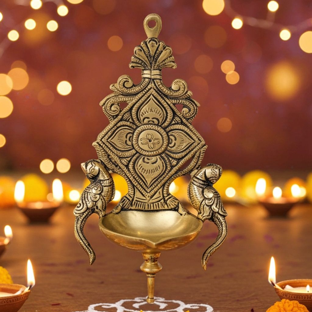 Brass Wall Hanging Wall Decor Parrot Oil Lamp Deepak  - Traditional Brass Deepak for Home, Height : 8 Inch (BSMAS1199 A)