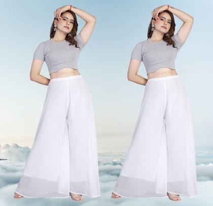 Generic Women's Georgette Solid High-Rise Wide Leg Flared Palazzo Pants with Elastic Waist, Ankle Length Trousers for Daily, Office and Casual Wear (White, 2XL, Pack of 2, Design 67546) Generic Women's Georgette Solid High-Rise Wide Leg Flared Palazzo Pants with Elastic Waist, Ankle Length Trousers for Daily, Office and Casual Wear (White, 2XL, Pack of 2, Design 67546)