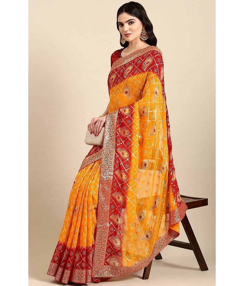 Rekha Maniyar Georgette Printed Saree With Unstitched Blouse Piece ( Yellow )