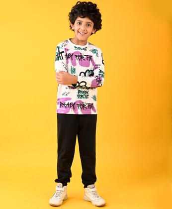 READY FOR THAT FUN LONG SLEEVES TSHIRT AND BLACK FLEECE JOGGER SET - WHITE/BLACK-1-2 YEARS / 2N / WHITE/BLACK