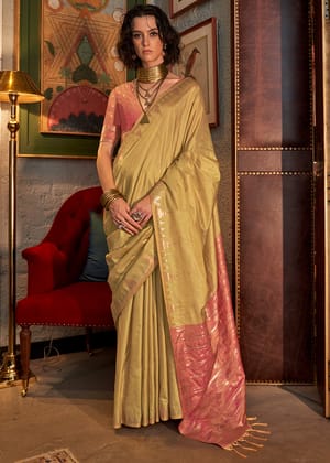 Golden Beige Woven Tussar Silk Saree