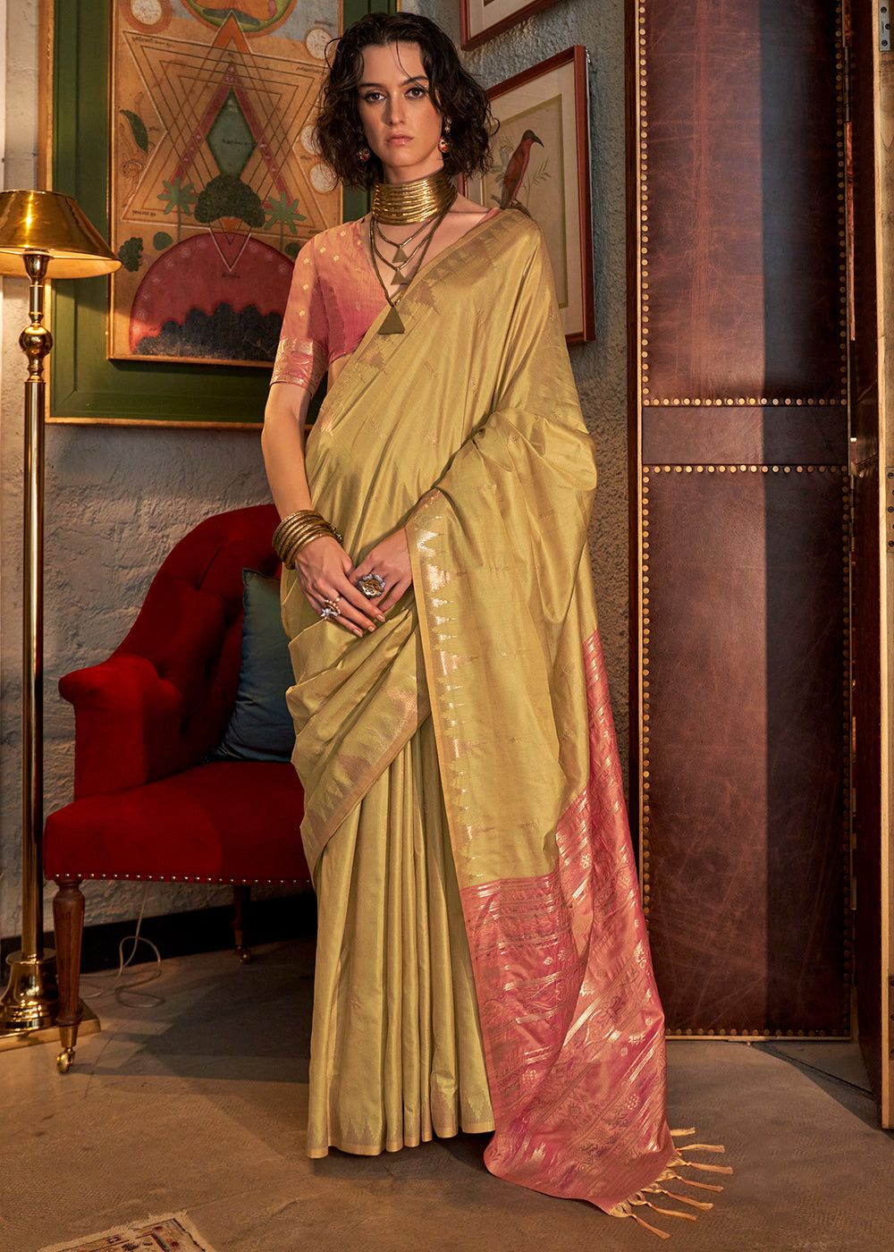 Golden Beige Woven Tussar Silk Saree
