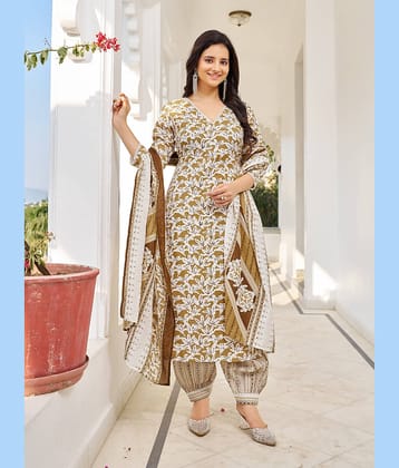 VIBE VISION Cotton Blend Printed Kurti With Pants Women's Stitched Salwar Suit - Beige ( Pack of 1 )