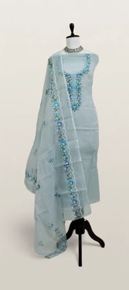 Kota Doria Dress Material Greyish Blue Floral Yoke