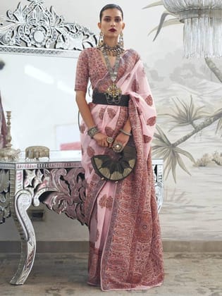 Blossom Pink Kashmiri Jamewar Handloom Saree With Blouse