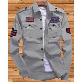 Fashlook Solid Curved Collar Regular Fit Cotton Blend Casual Grey Shirt For Mens