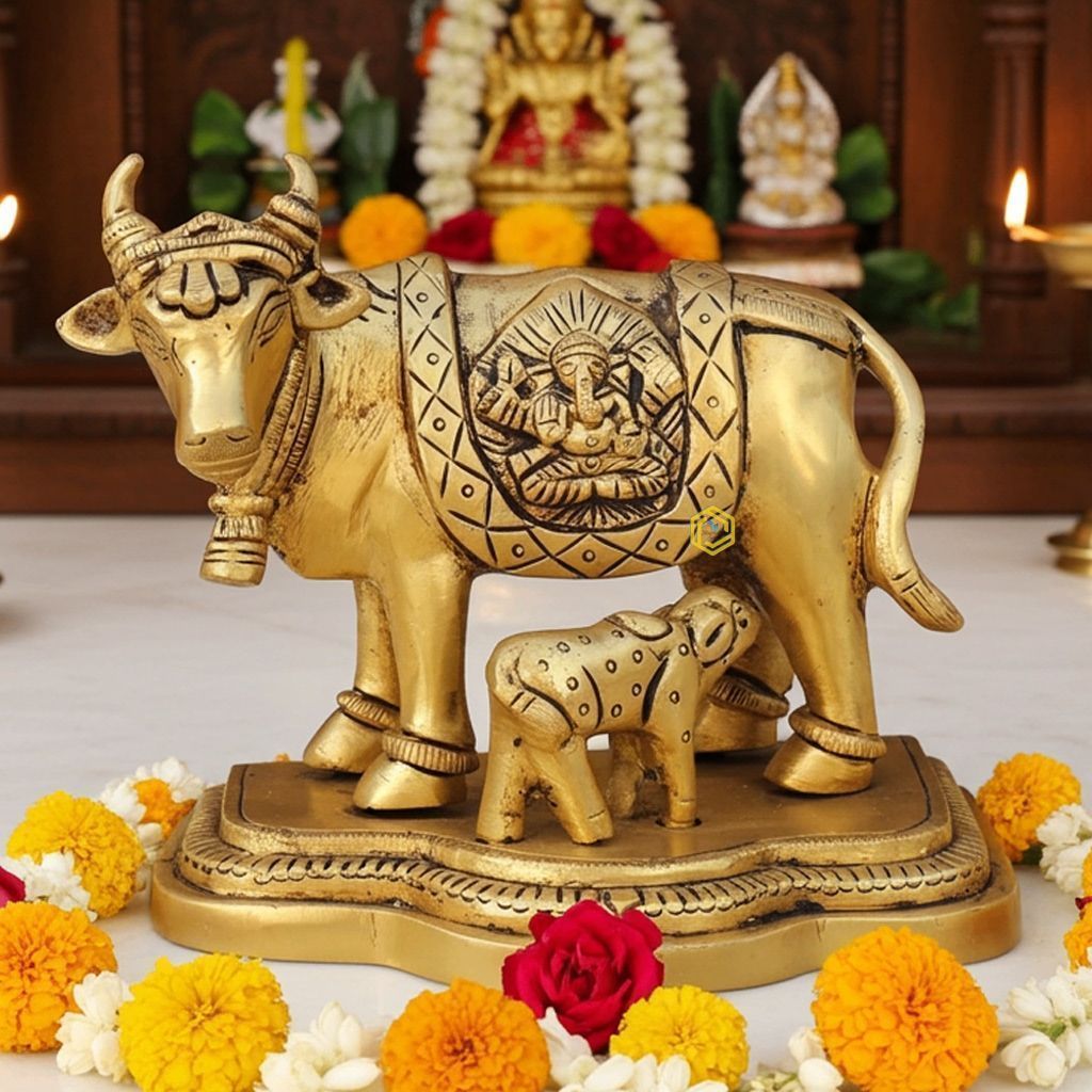 Brass Cow & Calf with Laxmi Ganesh Statue | Divine Puja Decor Set, Height : 4.6 Inch (BSMAS1442 C)