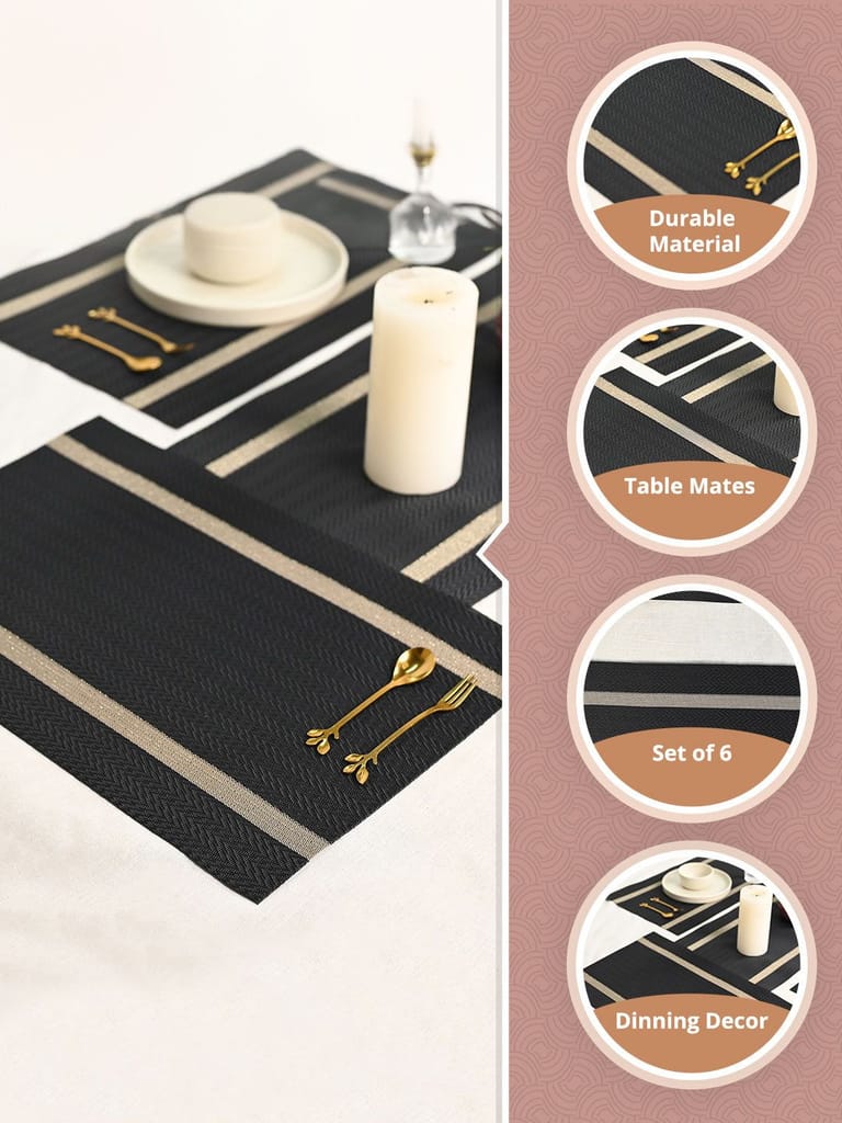 Black & Beige Striped Woven Polyester Placemats for Dining Table
