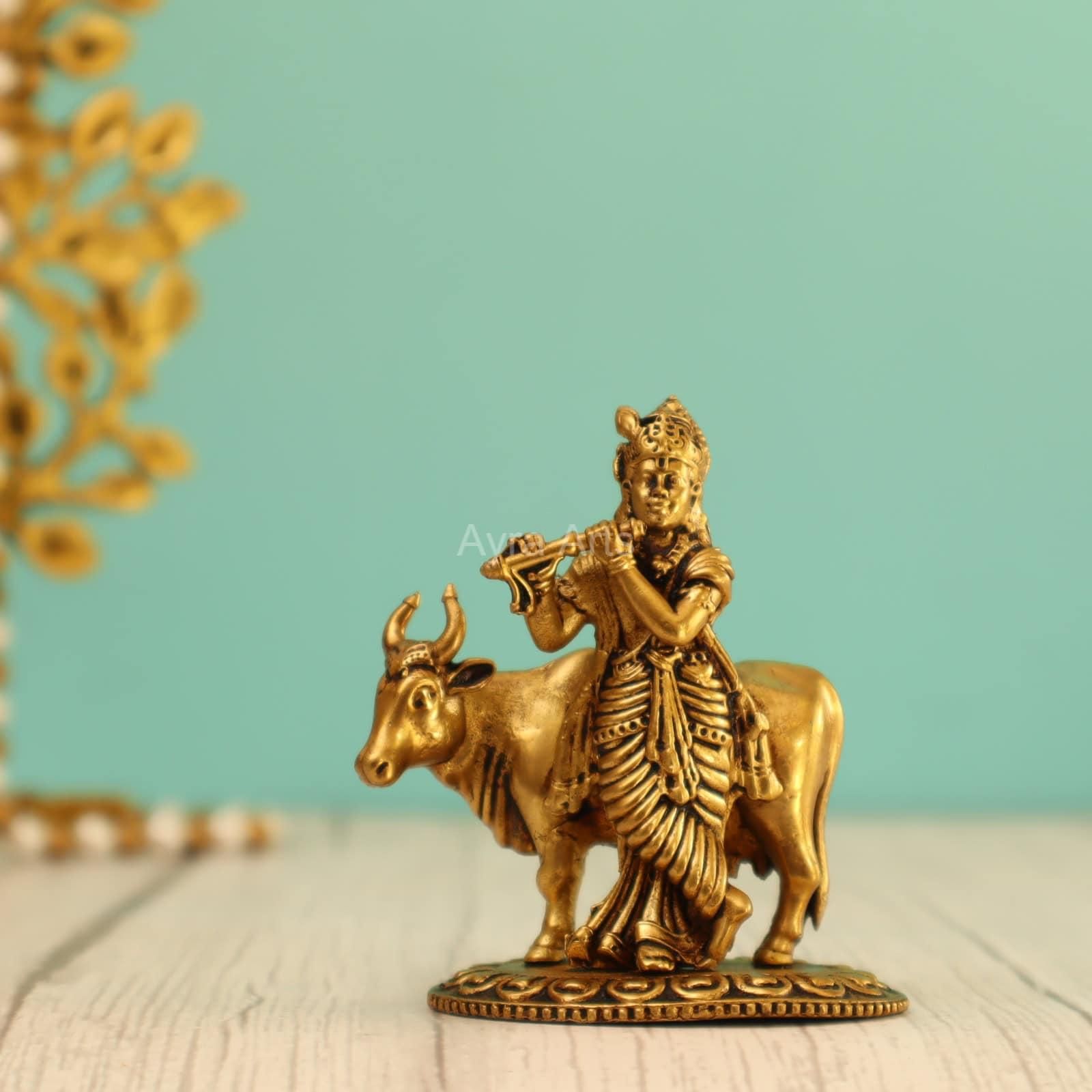 Premium Brass Krishna with Cow Idol - 3 Inch Height