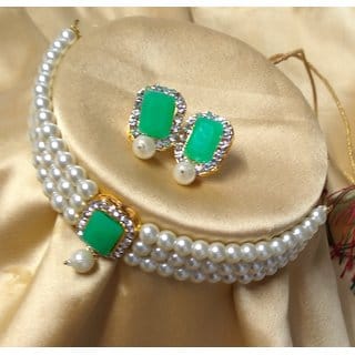 Designer Pista Green CZ Kundan Pearl Choker Jewellery Set