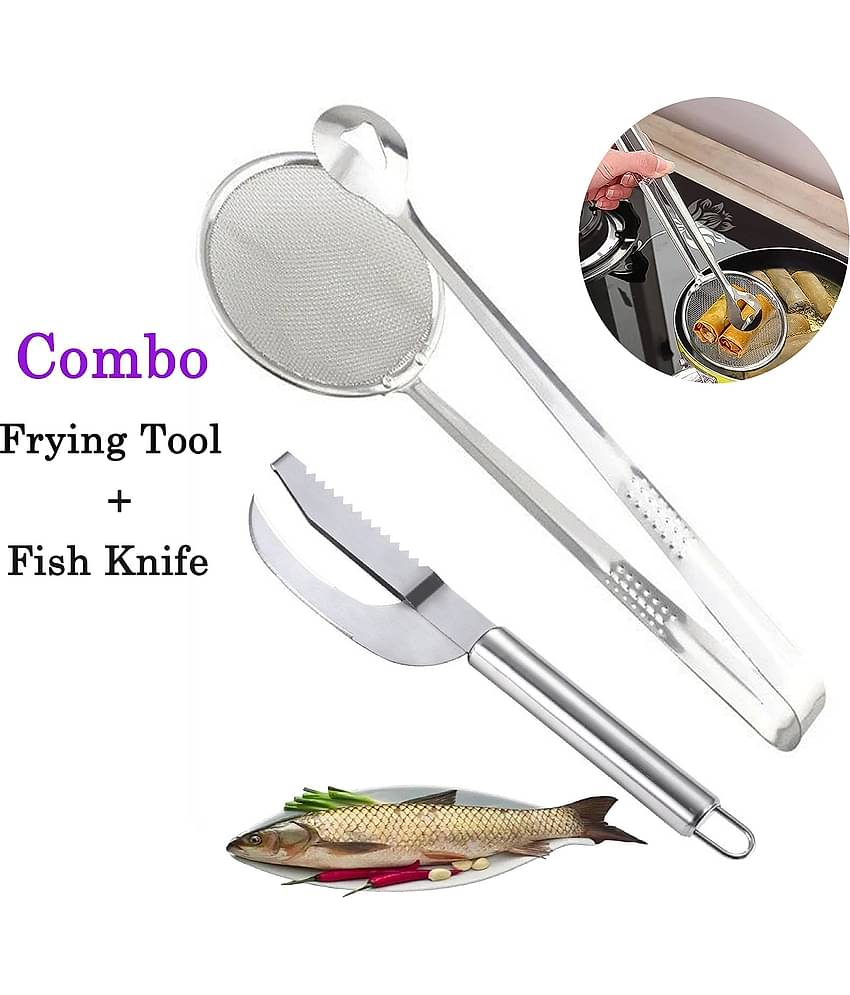 VillWin Combo Knife Cut Scrape Dig 3-in-1 Tool, Fish Scaler with 2In1 Filter Frying Spoon Multi-Functional