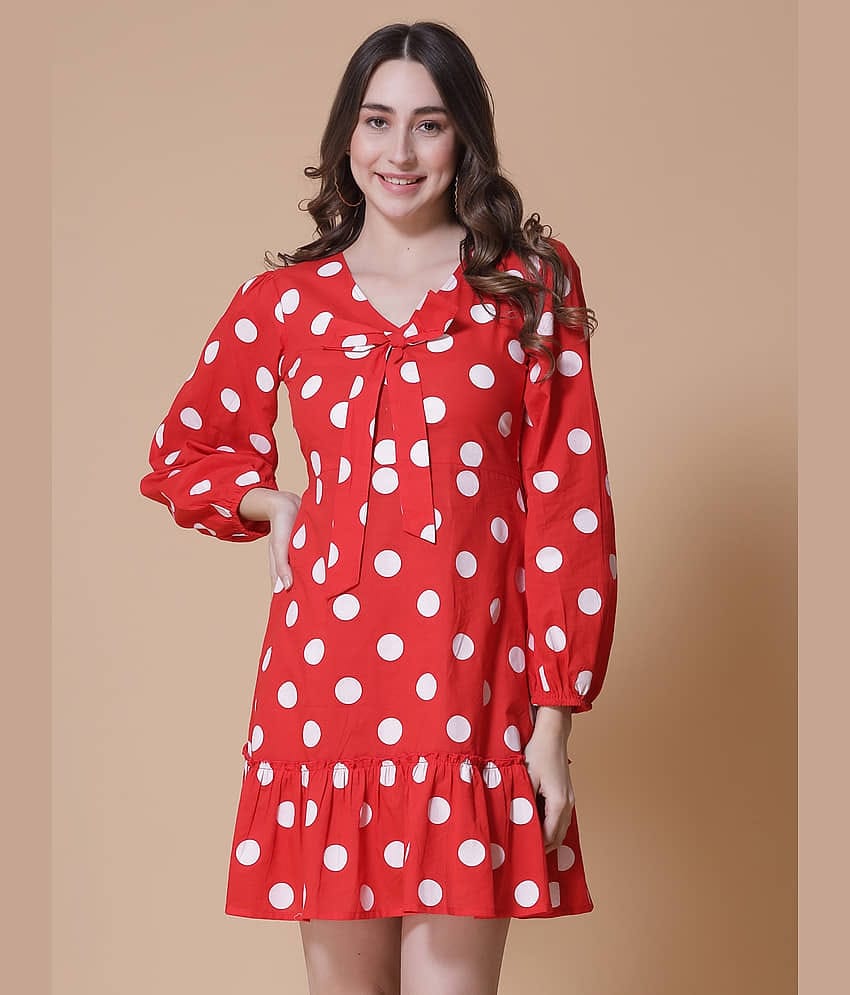 GOD BLESS Women Cotton Printed Blouson Dress ( Red )