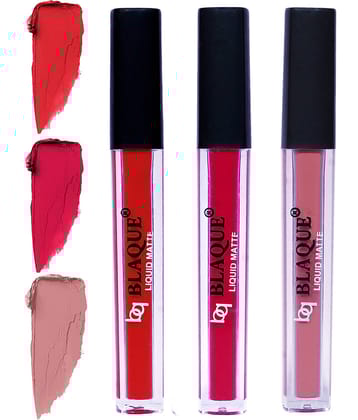 bq BLAQUE Matte Liquid Lipstick Combo of 3 Lip Color 4ml each, Waterproof - Orangish Red, Ruby Red, Light Nude Brown