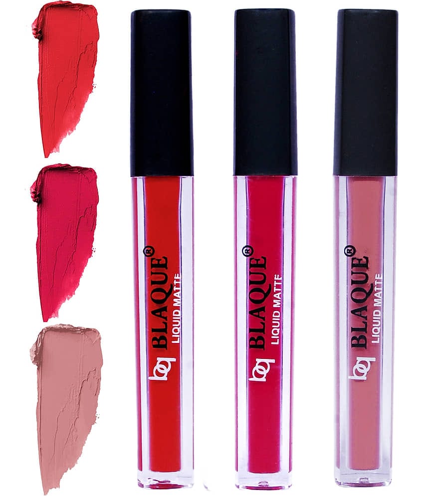 bq BLAQUE Matte Liquid Lipstick Combo of 3 Lip Color 4ml each, Waterproof - Orangish Red, Ruby Red, Light Nude Brown