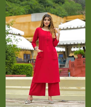 Divena Women Cotton Solid Straight Kurti With Pants ( Red )