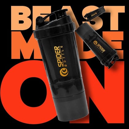 Spider Protein Shaker with 2 Storage Compartment (High Density Polyethylene | BPA Free 500ml ( Black )
