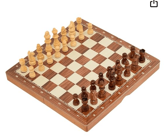 Bluetick 10 x 10 Inches Wooden Magnetic Chess Board Foldable Set with Magnetic Pieces & Extra Queens  Travel Chess Game for Kids & Adults