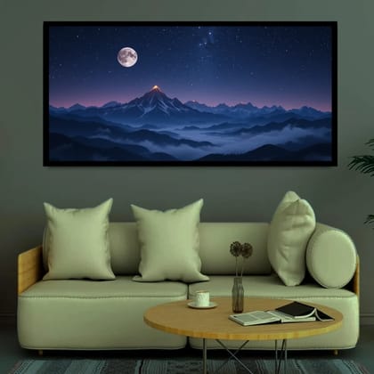 Luminary Moonlit Mountain Night Sky Painting – Tranquil Landscape Wall Art for Decor | Frame Size (127 X 69 Cm) | Frame Type (Black) | 5-Year Warranty