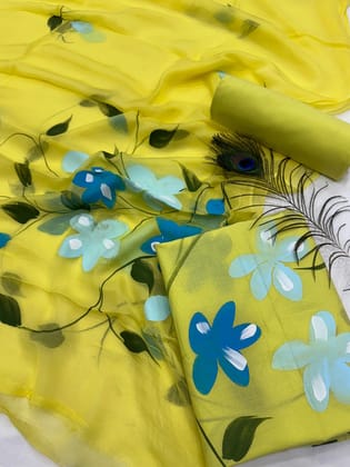 Pure Cotton Unstitched Suit With Chiffon Dupatta-As shown in picture / 2.5 mtr each / Pure cotton with chiffon dupatta