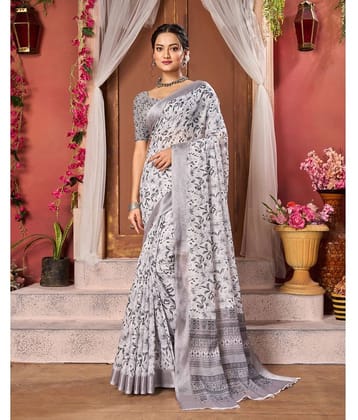 Aadvika Linen Printed Saree With Unstitched Blouse Piece ( White )