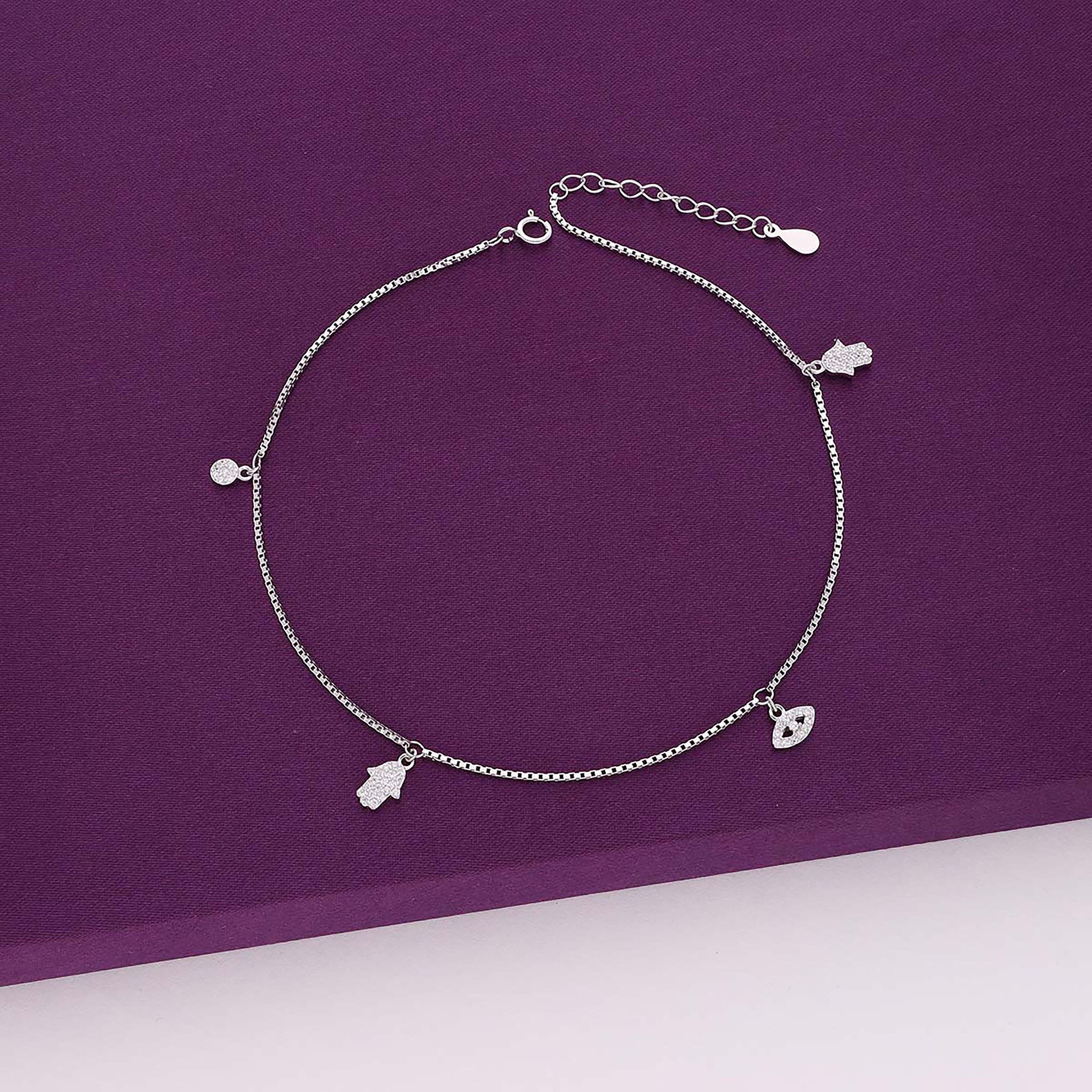 Minimalistic Evil Eye & Hamsa Anklet-White Stone / Silver