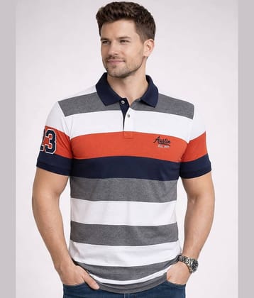 AUSTIN WOOD Men Cotton Blend Regular Fit Striped Polo T Shirt ( Grey )
