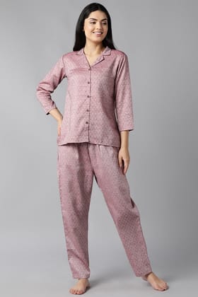 Mauve Pure Cotton Checks Print Night Suit VNWK1009