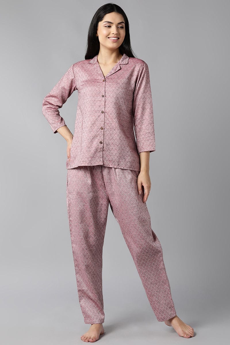 Mauve Pure Cotton Checks Print Night Suit VNWK1009