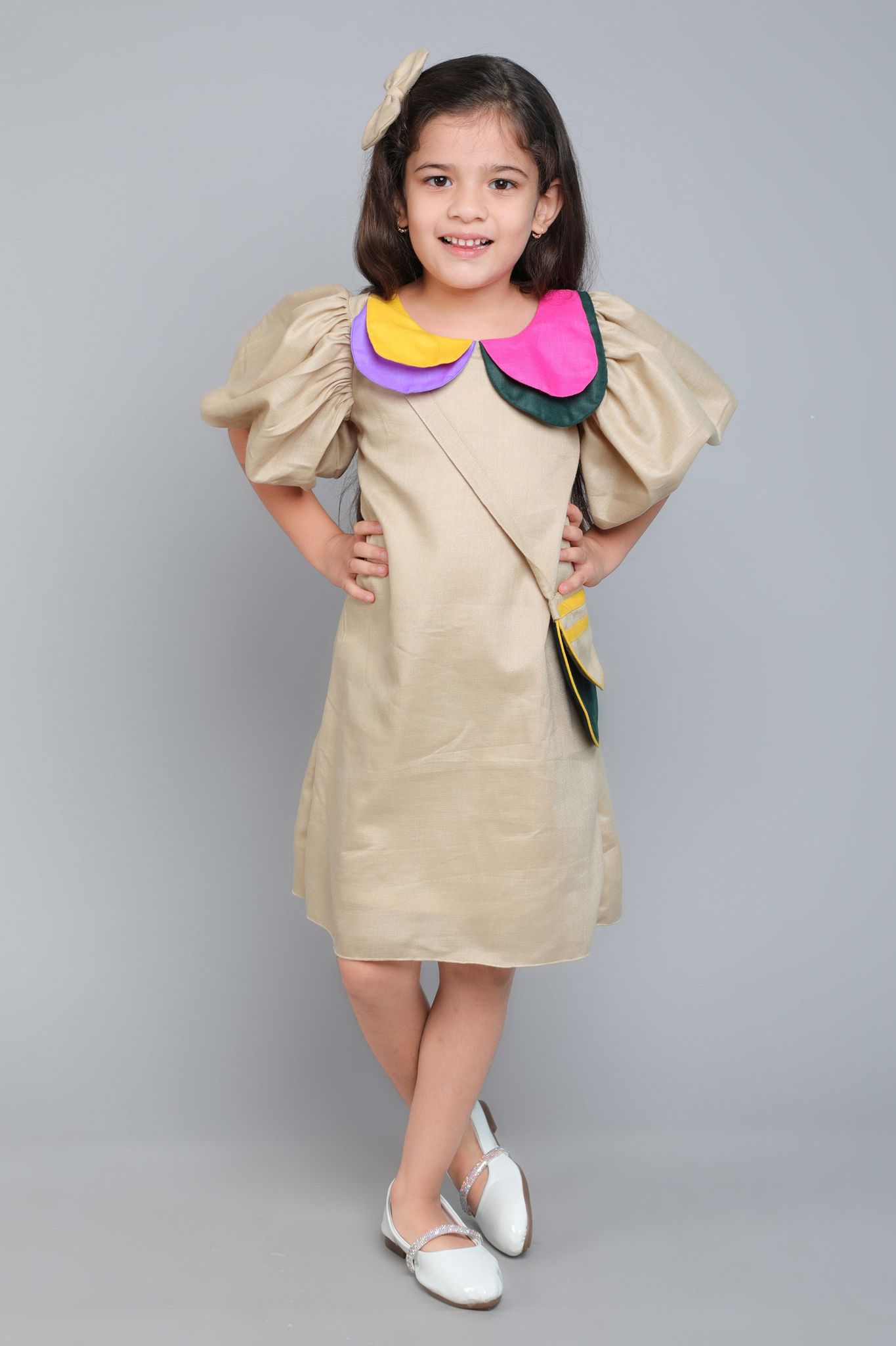 Puff Sleeves Colorblock Collar Cotton Dress with Matching Sling and Bow Clip -Beige-1-2Y / Beige