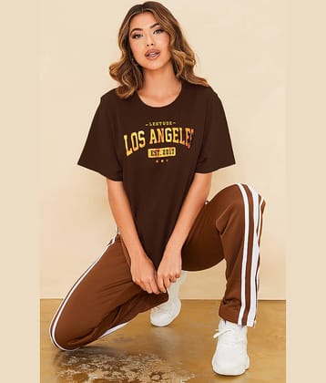 Leotude Women Cotton Blend Printed Oversized Fit Round Neck T-Shirt ( Brown )